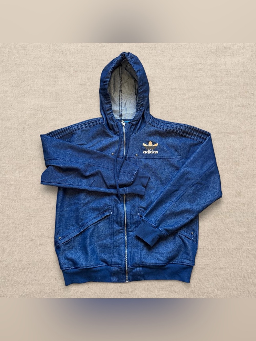 Adidas Originals Trefoil Twill Hooded Jacket Blue Gold Embroidery Large